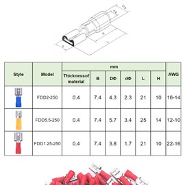 200Pcs Quick Disconnects Vinyl Insulated Female Spade Wire Connectors, 22-16 AWG-6.3mm 1/4" Electrical Crimp Terminal
