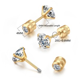 Titanium Gold Flat Screw Back Stud Earrings for Girls,20G Safety Back CZ Cartilage Earrings Hypoallergenic Silage,Double Cubic Zirconia Helix Earrings for Women Toddlers(6mm CZ, Gold)