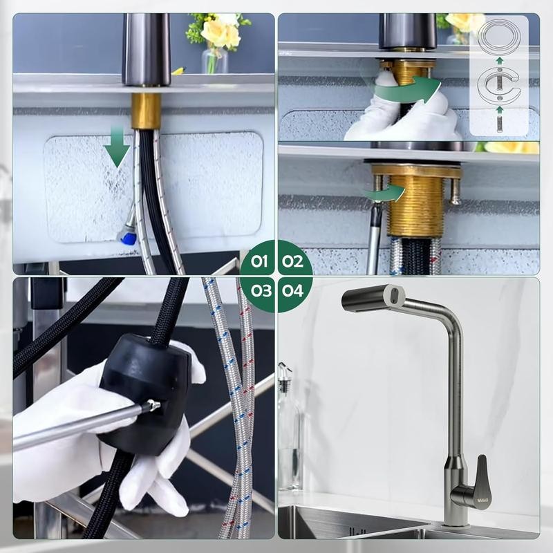 Kitchen Faucet 4 Modes, Pull Down Sprayer 360°, Modern Design,