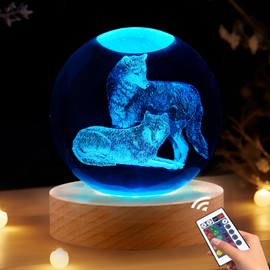 Shellvcase Wolf Gifts, 3.15in 3D Wolf Figurine Crystal Ball Lamp with Remote Control, Wolves Light, Wolf Decor for Bedroom, Wolf Stuff Birthday Christmas for Kids Mens Boys Women