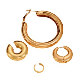 Chunky Hoop Earrings Set for Women Bold Thick Circle Design Gold Plated Statement Fashion Jewelry for Daily Wear Party Gift (Gold)
