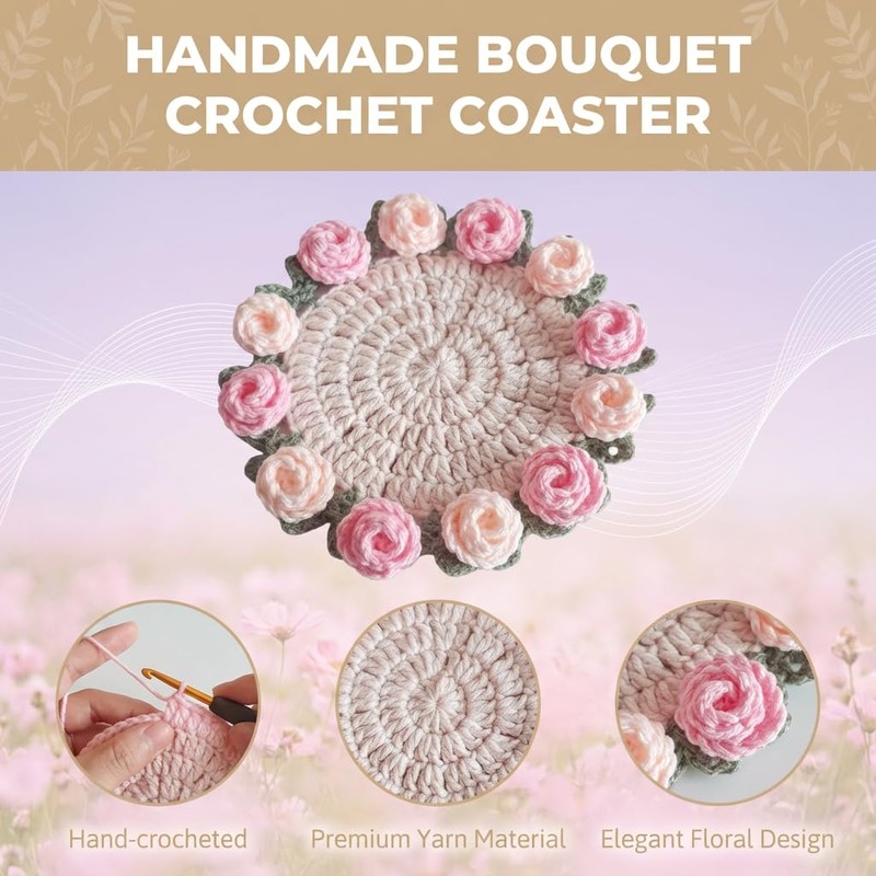 Crochet Pink Rose Floral Coaster 1-Pack - 5.1" Light Pink