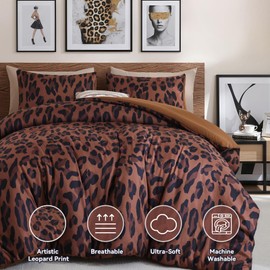 JANZAA Cheetah & Leopard Print Comforter Set Queen Size - 3 Pieces Animal Print Comforter Set, Fluffy Cozy Chic Faux Fur Brown/Pink Print Bedding Set with 2 Pillowcases for All Season