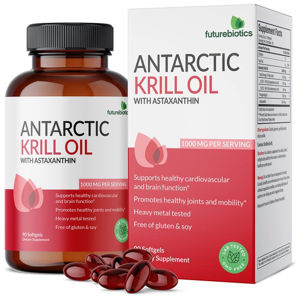 Futurebiotics Antarctic Krill Oil 1000mg with Omega-3s EPA, DHA, Astaxanthin and Phospholipids - 100% Pure Premium Krill Oil Heavy Metal Tested, Non GMO – 90 Softgels (45 Servings)