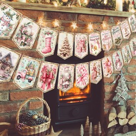 Vintage Style Christmas Banner - Pink Merry Christmas Decorations with Traditional Retro Santa Claus Motif for Indoor, Fireplace, Home Office, Party & Holiday