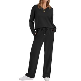WIHOLL Lounge Sets for Women Two Piece Outfits Casual Travel 2 Piece Sweatsuits Tracksuit Set Womens Fall Fashion 2025 Sweatpants Winter Clothing V Neck Sweat Set Loungewear Matching Sets Black M