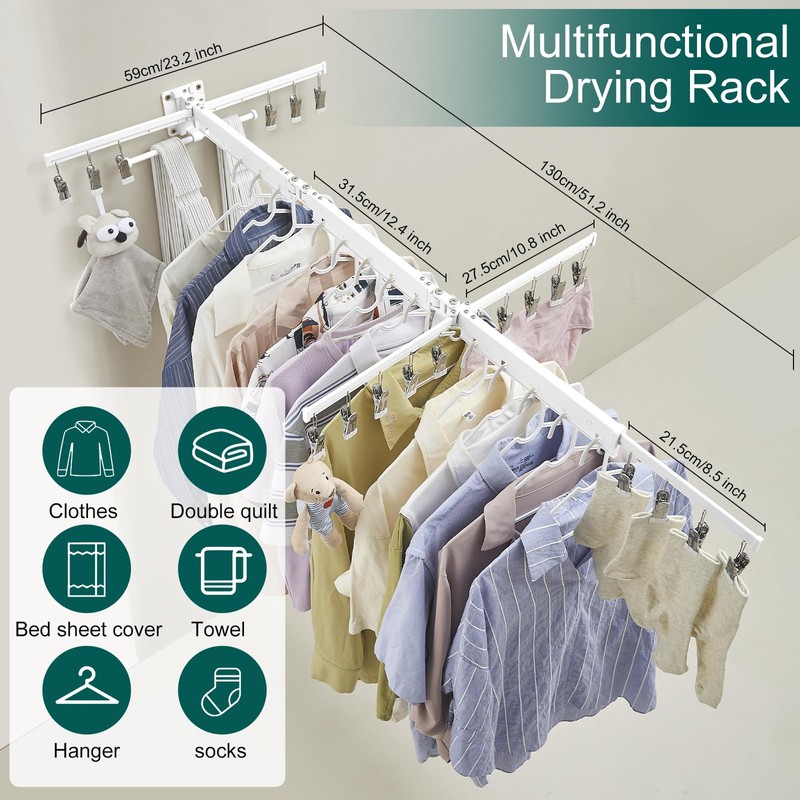 Hoimpro Clothes Drying Rack Retractable Wall Mounted, Tri-Fold Space Saving
