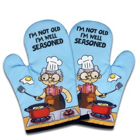 NAHMAKNE 2 Pack Funny Oven Mitts for Women, I'm Not Old I'm Well Seasoned, Heat Resistant Silicone Non-Slip Mitts, Mother's Day Gifts for Mom Grandma, Humor Kitchen Gifts for Hostess Cooking Lovers