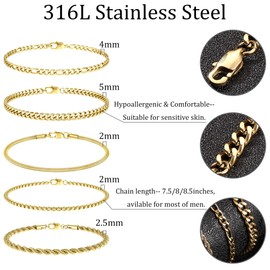 LOLIAS 5 Pcs Gold Bracelets for Men Stainless Steel Mens Bracelets Cuban Link Rope Figaro Chain Bracelet Set for Men Women Mens Jewellery Gift for Men Him Dad Boyfriends Husband