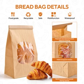 Rovexin 50PCS Bakery Bags with Window, 3.54x2.36x9.7 Inches Kraft Paper Brown Cookies Bags,Tin Tie Tab Lock for Coffee Bean, Cookies, Treat, Snack