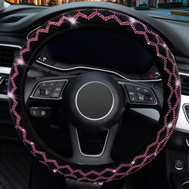 Bling Rhinestone Steering Wheel Cover with Crystal Diamond for Women, Sparkling Car Wheel Protector Universal Fit 15 Inch (Black with Pink Diamond, Standard Size(14" 1/2-15" 1/4))