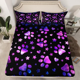 Feelyou Dog Paw Print Fitted Sheet for Girls Boys Kids Twin Size Purple Galaxy Bedding Set Room Decorative Puppy Pets Animal Themed Bed Sheet Set Cute Cartoon Bed Cover Deep Pocket 2Pcs Black Bed Set