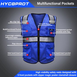 HYCOPROT High Visibility Mesh Reflective Safety Vests with Pockets and Zipper, Meets ANSI/ISEA Standards (Blue, Large)