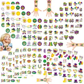 Mardi Gras Temporary Tattoos for Girls Boys Birthday Party Favors Decorations Supplies for Treat Bag Fillers School Carnival Gift Rewards(20 Sheets,300Pcs)