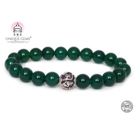 Unique Gems Chakra Buddha Green Agate Beads Bracelet 925 Sterling Silver Mantra Silver Pearl 8 mm Protective Bracelet, Stone Sterling Silver, Agate