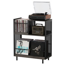 KirKical;3-Tier Record Player Stand, Turntable Stand with Display Shelf Storage Up to 250 Albums, Rustic Grey Vinyl Record Storage Cabinet Table for Living Room, Office, Slate Grey