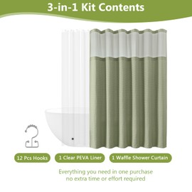 3-in-1 Waffle Weave Shower Curtain Set with Hooks & PEVA Liner, Heavy Waterproof Fabric Shower Curtain for Bathroom, 72"x72" Hotel Style with Mesh Window, 12 Rust-Resistant Hooks