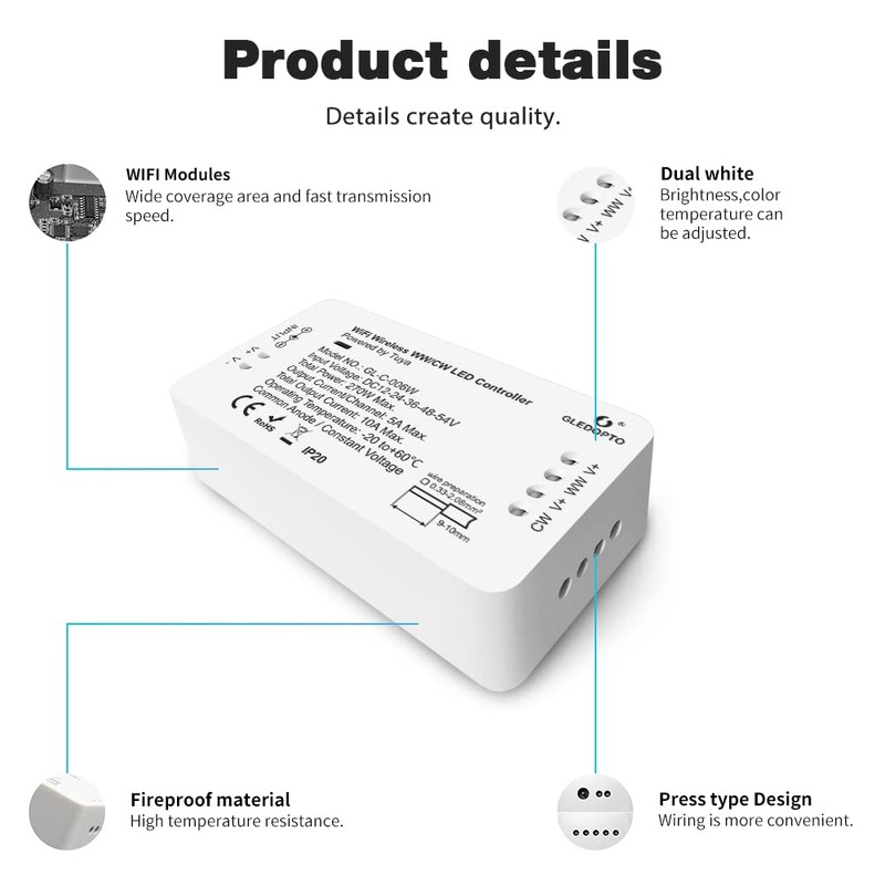 GLEDOPTO WiFi Controller LED Strip WW/CW DC12-24-54V Light Strip Controller