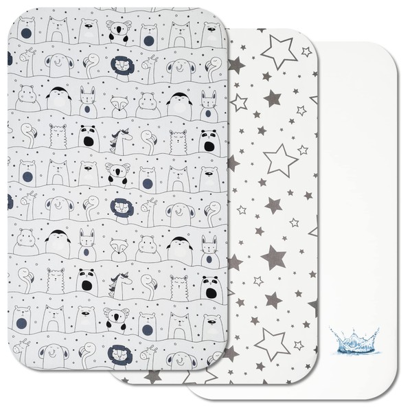 Next to Me Crib Sheets - 3pc Crib Sheets Set - 2 Fitted Cotton Sheets and 1 Waterproof Mattress Protector for Bedside Cribs - 100% Organic Cotton - Made in Europe (Grey Animals&Stars, 83x50cm)