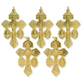 Bulk Pack of 5 - Triple Threat Pardon Crucifix St Benedict Crucifix and Miraculous Medal Gold Rosary Parts Cross for Rosary Making - Large Italian 2 1/8 Inch Plated Rosary Making Supplies