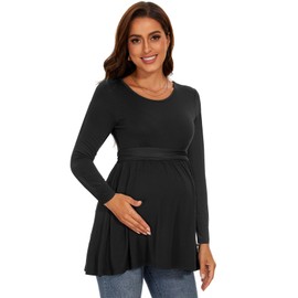 WOOXIO Women's Maternity Tops Short & Long Sleeve Pleated Waist Shirts Pregnancy Clothes Black,S