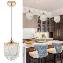 Sheenkarion 1 Pack Kitchen Island Crystal Pendant Light,Gold Crystal Chandelier Pendant Lighting for Dining Room Living Room Bar Lighting Fixture,Cord Adjustable Hanging Pendant Lamp