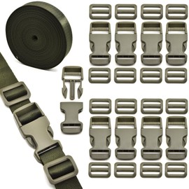 MELORDY 1 inch Buckles Straps Set with 10 Yards Nylon Webbing, 10 pcs Quick Side Release Plastic Buckle, 20 pcs Tri-glide Slide Clip for Luggage and Backpack Replacement (Army Green)