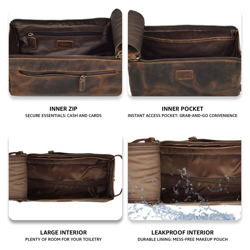 LEATHER VILLAGE Premium Leather Travel Toiletry Bag - Unisex Water-Resistant