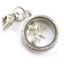 DAD In Memory Keyring. Real White Feather, Angel Wings, Rose, Love Charms. Round Silver Floating Locket Trinket. Handbag Charm. Clip On. Lost Loved One