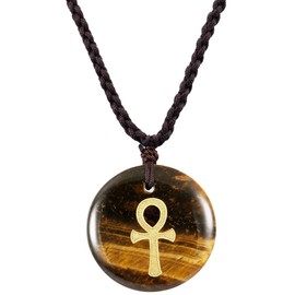 Nupuyai Tiger's Eye Egyptian Ankh Cross Engraved Round Stone Adjustable Amulet Pendant Necklace for Women