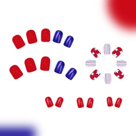 Independence Press on Nails Square Short 4th of July Nails Press ons White Stars Lines Glitter Design Blue Red Glue on Nails July 4yh Fake Nails Glossy Acrylic Artificial False Nails for Girls 24Pcs