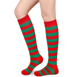 Olreco Knee High Christmas Socks for Womens Christmas Socks Women Green Striped Socks Green Tube Socks Women Red Striped Socks