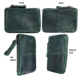 Genuine Leather Coin Purse Pouch for Women Men Vintage Cowhide Grain Leather Slim Mini Wallet Metal Zipper with Real Leather handle (Green)