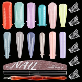 SUTOKAKA 144Pcs Polygel Nail Form Kit 12 Color 12 Sizes Reusable Nail Extension Mold Dual Forms with 6Pcs Nail Clips, Dual-Head Brush Pen, Nail File & Cuticle Pusher for Beginners