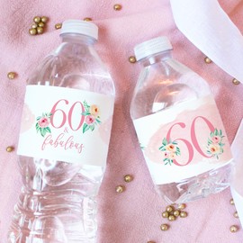 Pink Floral 60th Birthday Party Water Bottle Labels, 60th Birthday Decorations for Women - 24 Count