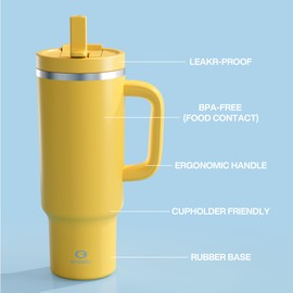 ENCOOL 40 oz Tumbler with Handle and Straw: Stainless Steel Insulated Tumbler Keeps Cold for 24 Hours, Leakproof Travel Cup Fits in Cup Holder and BPA-Free,Elfin Yellow