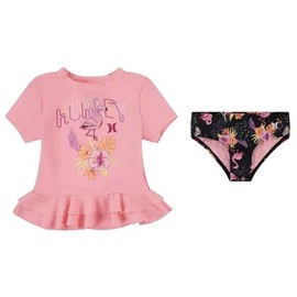 Hurley Toddler Girls' Floral Flamingo Rashguard Two-Piece Set, Pink/Black, 2T