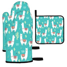 Mxocom Cute White Llama Oven Mitts and Pot Holders Sets of 3 Alpaca Cactus BBQ Gloves for Kitchen,Cooking,Baking,Grilling Resistant Hot Pads for Women