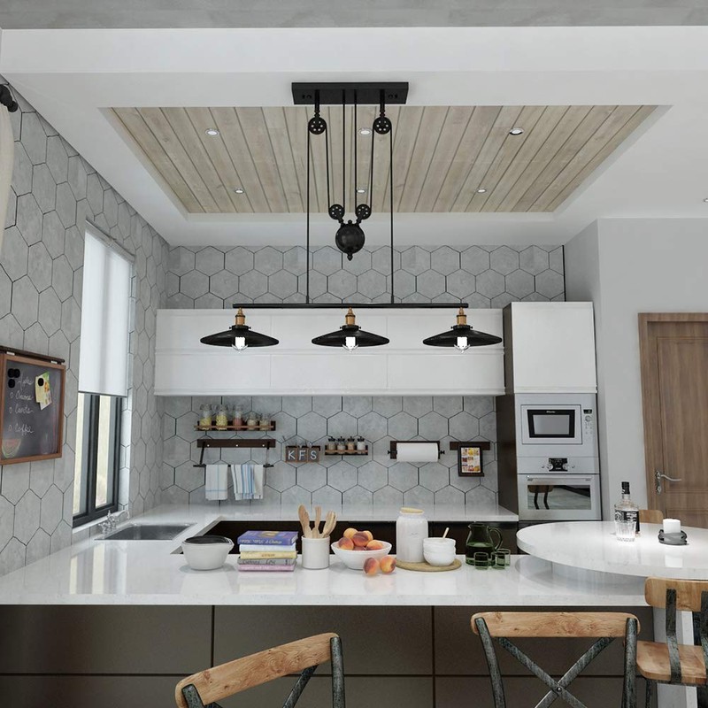 WINSOON 3 Light Industrial Pendant Light, Pulley Pool Table Light