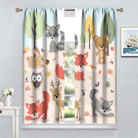 Kids Cartoon Forest Animal Curtains, Cute Woodland Animal Window Treatments for Bedroom Wildlife Fox Bear Deer Bunny Bird Blackout Window Drapes for Girls Boys Nursery Toddler Playroom 42x63in