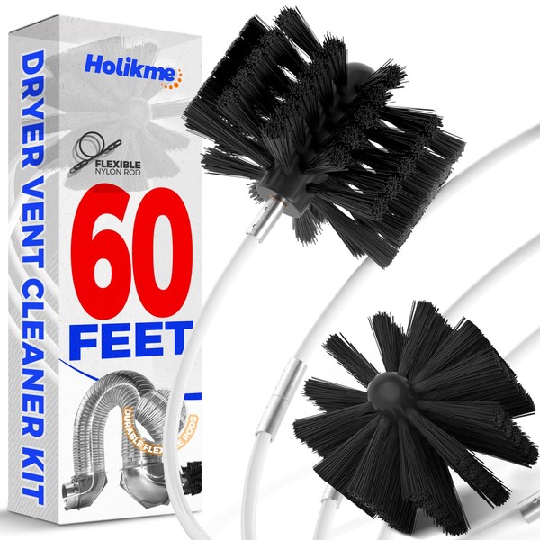 Holikme 60 Feet Dryer Vent Cleaner Kit,Lint Remover Flexible Brush and Drill Attachment Extends Up to 60Feet, 2 Synthetic Brush Head Use with or Without a Power Drill