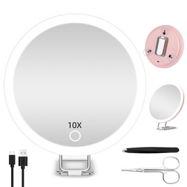 10X Magnifying Mirror with Lights, 6inch Makeup Magnifying Mirror 10X Lighted Handheld Magnification Mirror with Stand & Suction Cups, Large Travel Magnified Mirror Portable 10X LED Magnifying Mirror