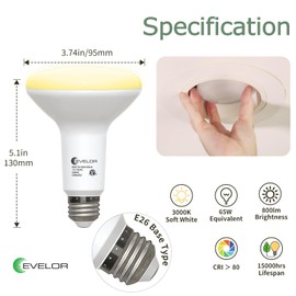 evelor 12 Pack BR30 LED Flood Light Bulbs 65W Equivalent, 7W Energy Efficient, Dimmable 800LM Lightbulbs 3000K Warm White, E26 Base for Recessed Cans, Indoor Home Kitchen Bedroom, 15,000 Hours, ETL