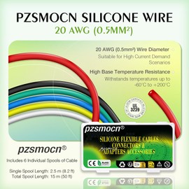pzsmocn 20 AWG 0.5mm² Silicone Wire 50 ft / 15 m Flexible 20 Gauge Stranded Hook up Electrical Tinned Copper Cable Kit,8.2 ft / 2.5 m Each 6 Colors,for DIY DC/AC, RC Drone,Model Cars,Lamps,Motor