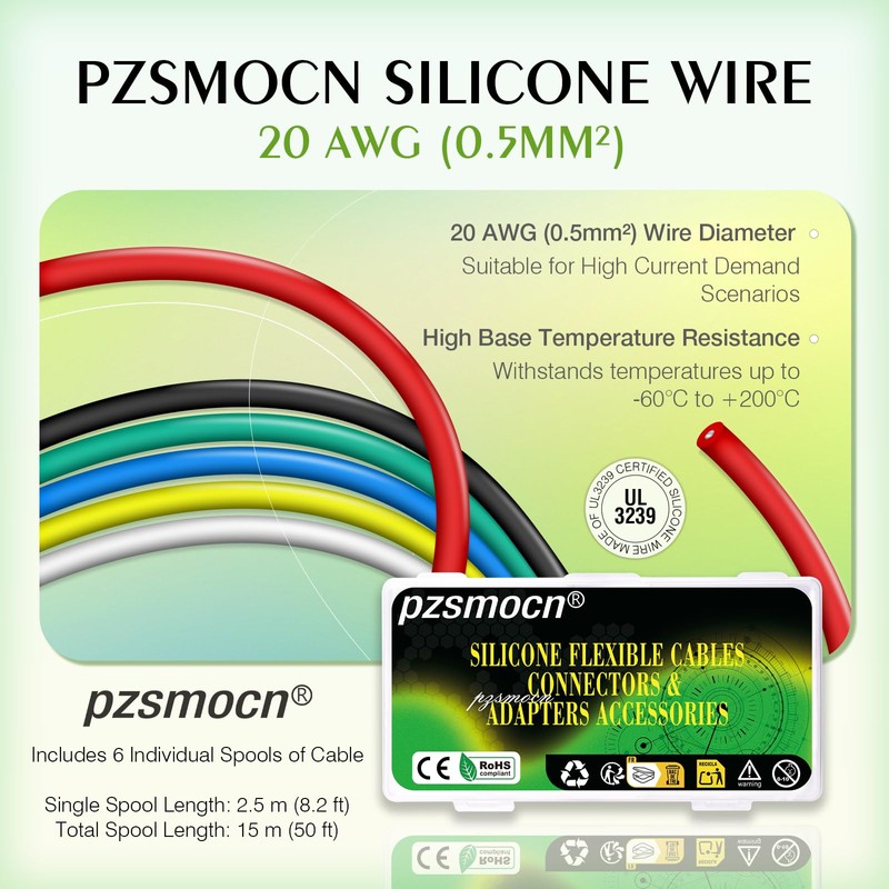 pzsmocn 20 AWG 0.5mm² Silicone Wire 50 ft / 15