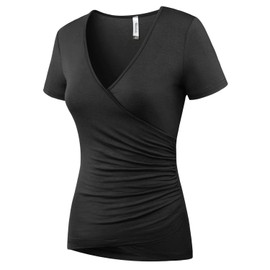 Beauhuty Women's Plus Size Tops Deep V Neck Ruched T-Shirts Front Surplice Wrap Short Sleeve Sexy Tees (XXL, Short-Black)