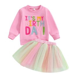 MAHUAOYIXI Baby Girl 2Pcs Birthday Outfits Long Sleeve Letters Embroidery Tops Sweatshirts + Tulle Tutu Skirt Set Toddler Girls Clothes Girls Birthday Clothing Set (Pink, 18-24 Months)