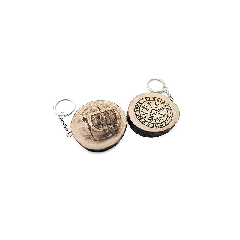 Generico Natural Wood Vegvisir Drakkar Scandinavian Talisman Rune Compass Keyring