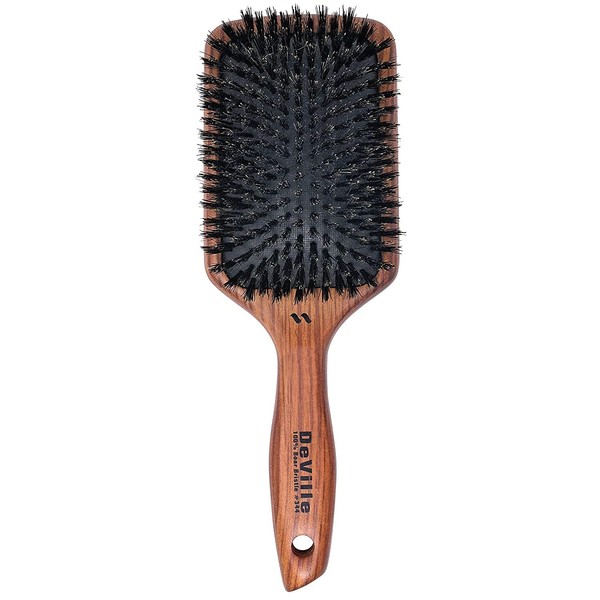 Spornette Deville Cushion Paddle Brush, Boar Bristle Hair Brush with Wooden Handle - For Straightening, Smoothing, Detangling, Styling & Brush Outs for Women, Men, & Kids - All Hair Types