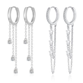 Hasnsofie Silver Hoop Earrings Hanging, 925 Sterling Silver Round Hoop Earrings for Women, Hypoallergenic Long Tassel Chain Drop Earrings with Zirconia, Small Hoop Earrings with Gift Box, Sterling